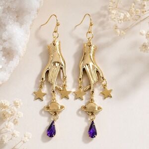 Celestial Cosmic Hand Statement Earrings Gold Tone Stars Saturn Purple Goth boho